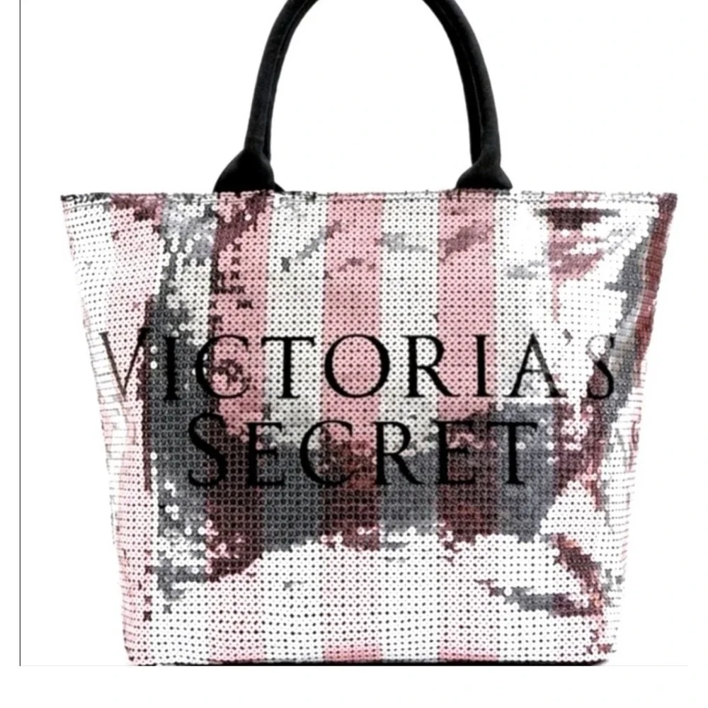 Victoria's Secret‎ Pink Silver Sequin Stripe Tote Bag Limited Edition Weekender